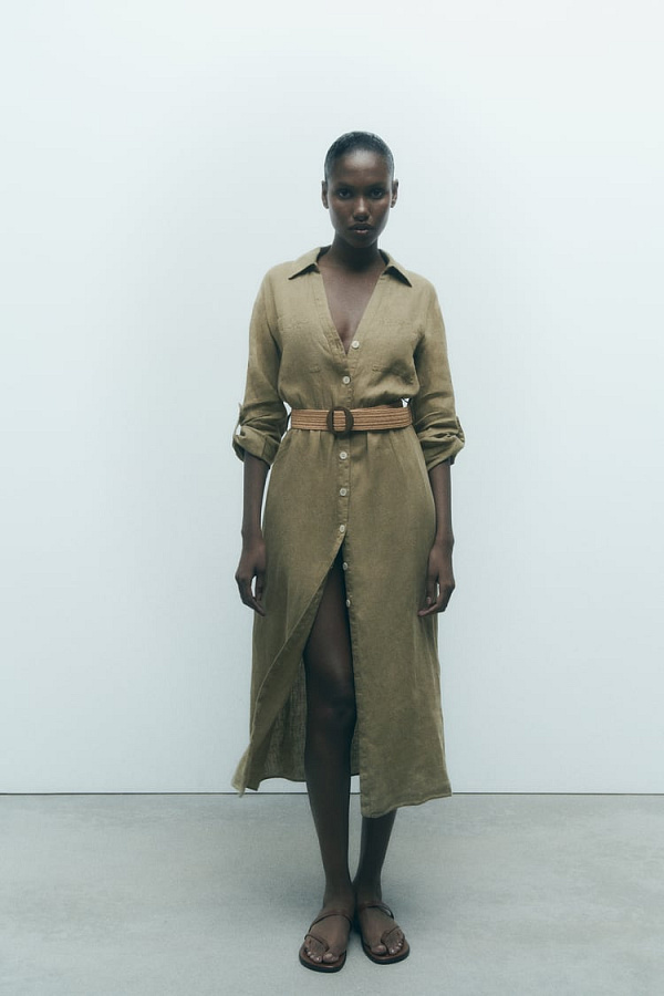 Lněněné košilové šaty s páskem, 1199 Kč, Zara